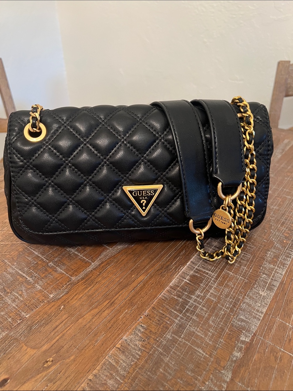 GUESS Black Quilted Shoulder Bag with Gold Chain Strap